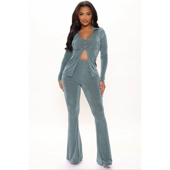 Fashion Nova ✦ Keep It Going Slinky Pant Set ✦ Sage Green Button-Front Lounge S - Picture 1 of 6